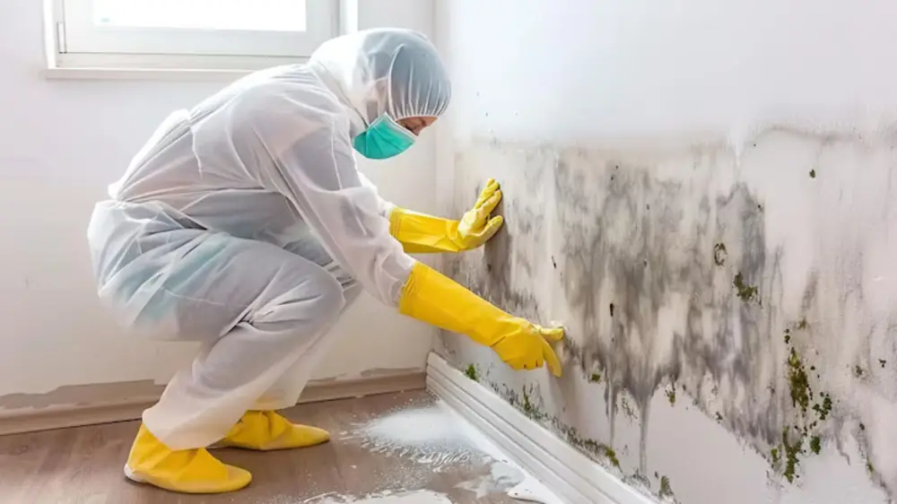 Technician in a protective suit wiping mold from a wall near the baseboard