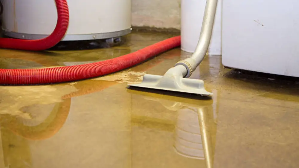 Extraction wand and red hose pulling water off a floor