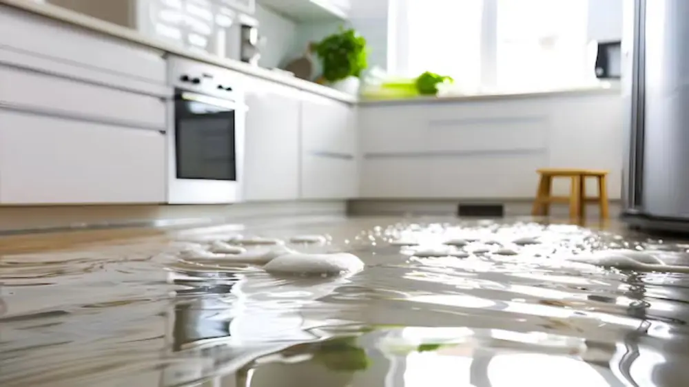 Water and suds across a modern kitchen floor
