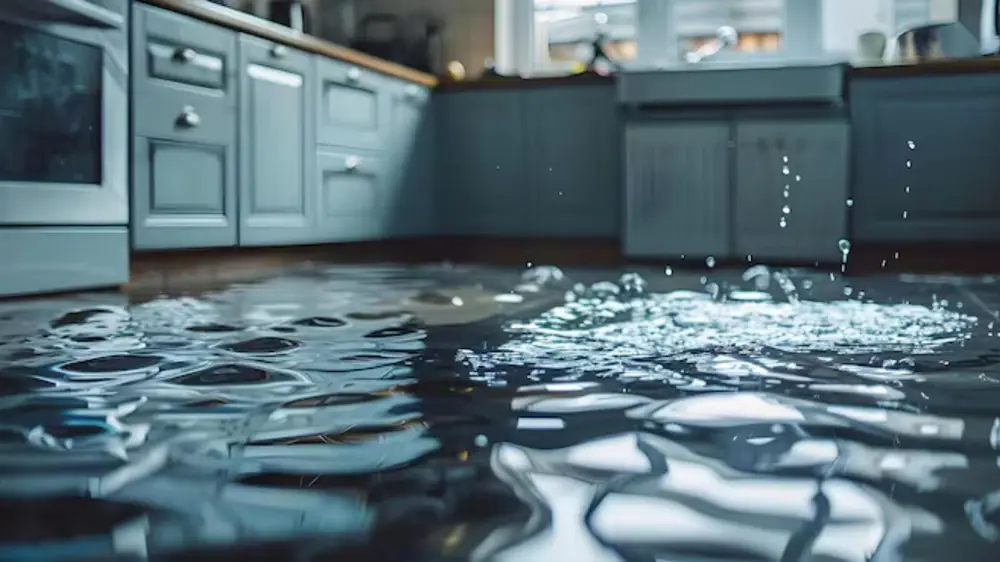 Water pooling across a kitchen floor in front of cabinets
