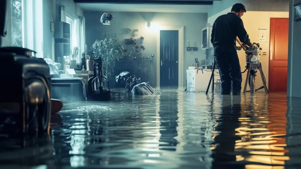 Technician photographing a flooded room while assessing the damage