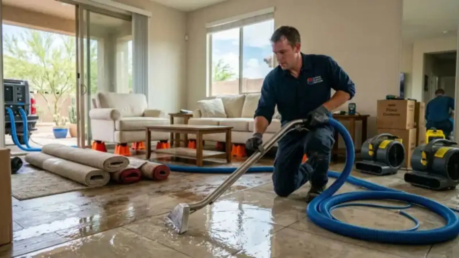 Technician using an extraction hose in a living room with air movers running on the floor