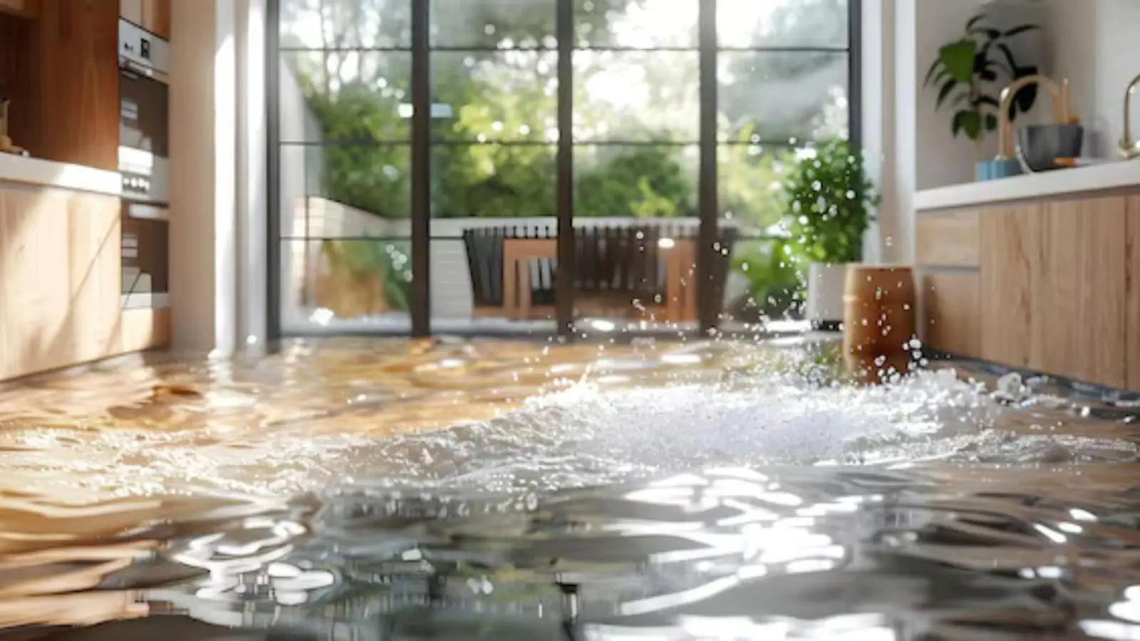 Water splashing across the floor of a room with large glass doors