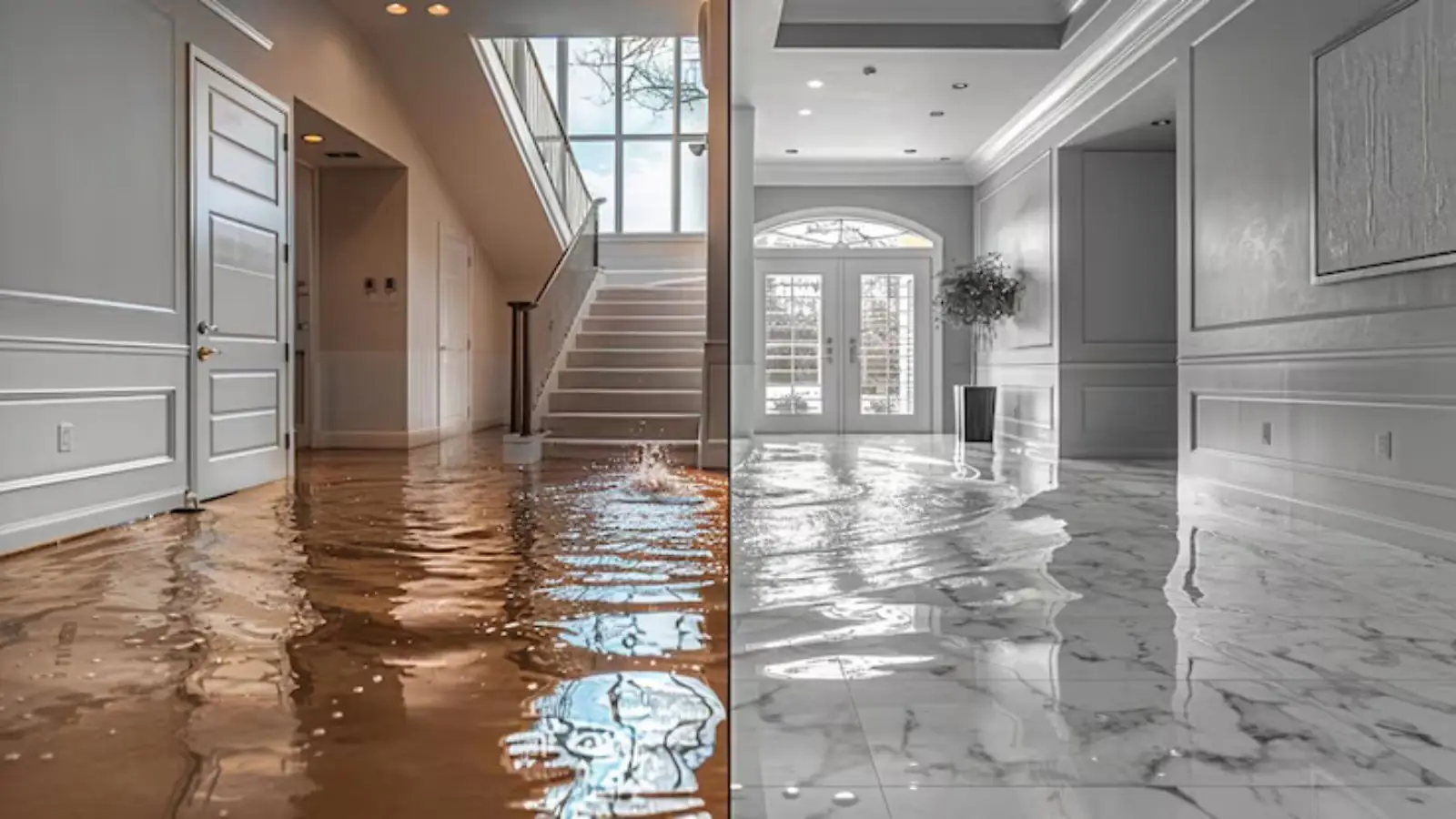 Water reflecting on the floor of a hallway and stairs inside a home