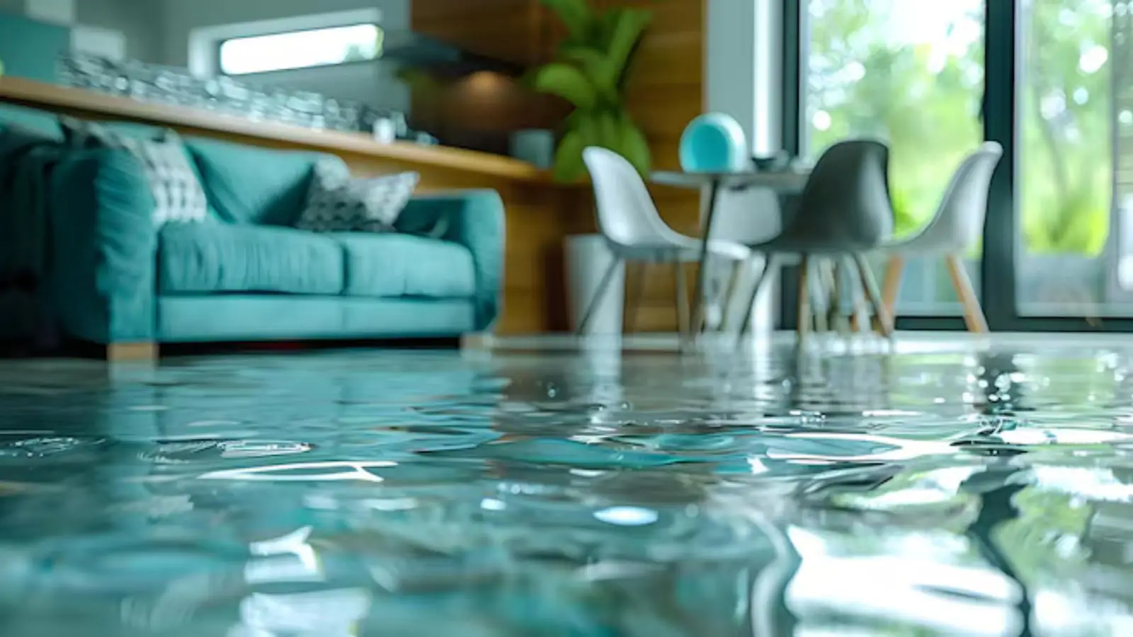 Teal sofa and dining chairs in a room with water over the floor