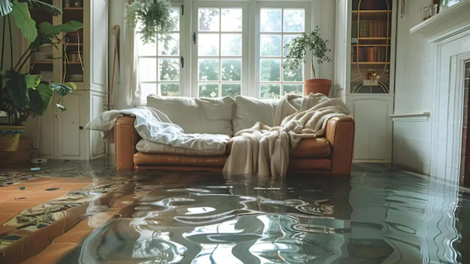 Sofa in a bright room with water covering the floor around it