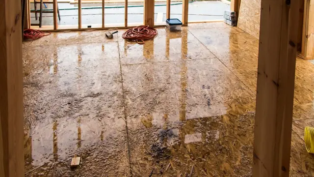 Wet wood flooring with water pooled between exposed wall studs