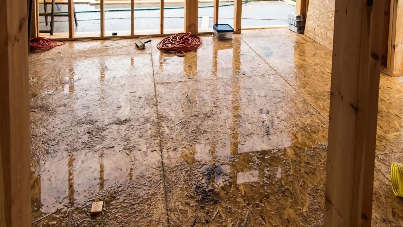 Wet wood flooring with water pooled between exposed wall studs